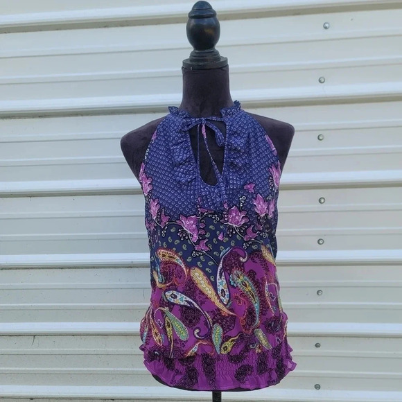 XX1 Blouse Tank Top Paisley Floral Multicolor Ruffles Stretch Tie Neck Sz S - Picture 3 of 9